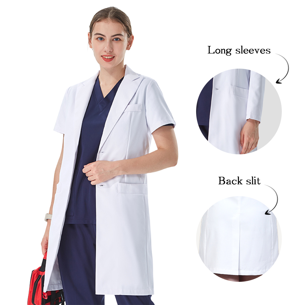 Medical Lab Hospital - 丁寧なラペルカラーの白い白衣 医師用 コットンポリエステル 病院医療ユニフォーム 女性用 スリムフィット